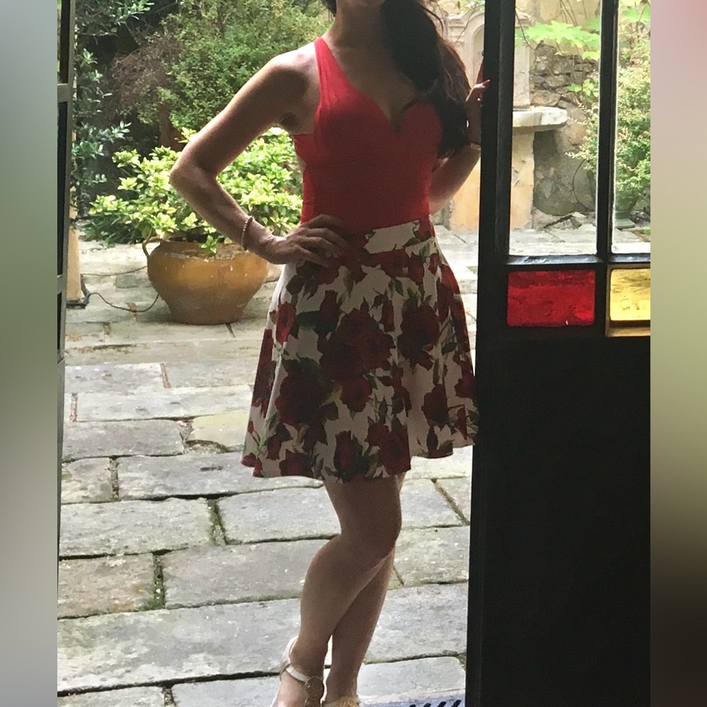 Floral Red Rose Print A-Line Skirt - White Background - Picture 5 of 7